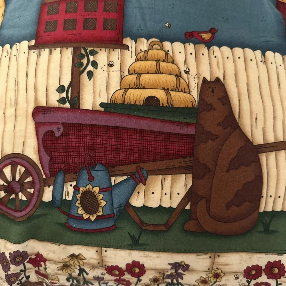 Vintage Handmade Throw Pillow Birdhouse Fat Cat Beehive Garden 13x15 Double Side